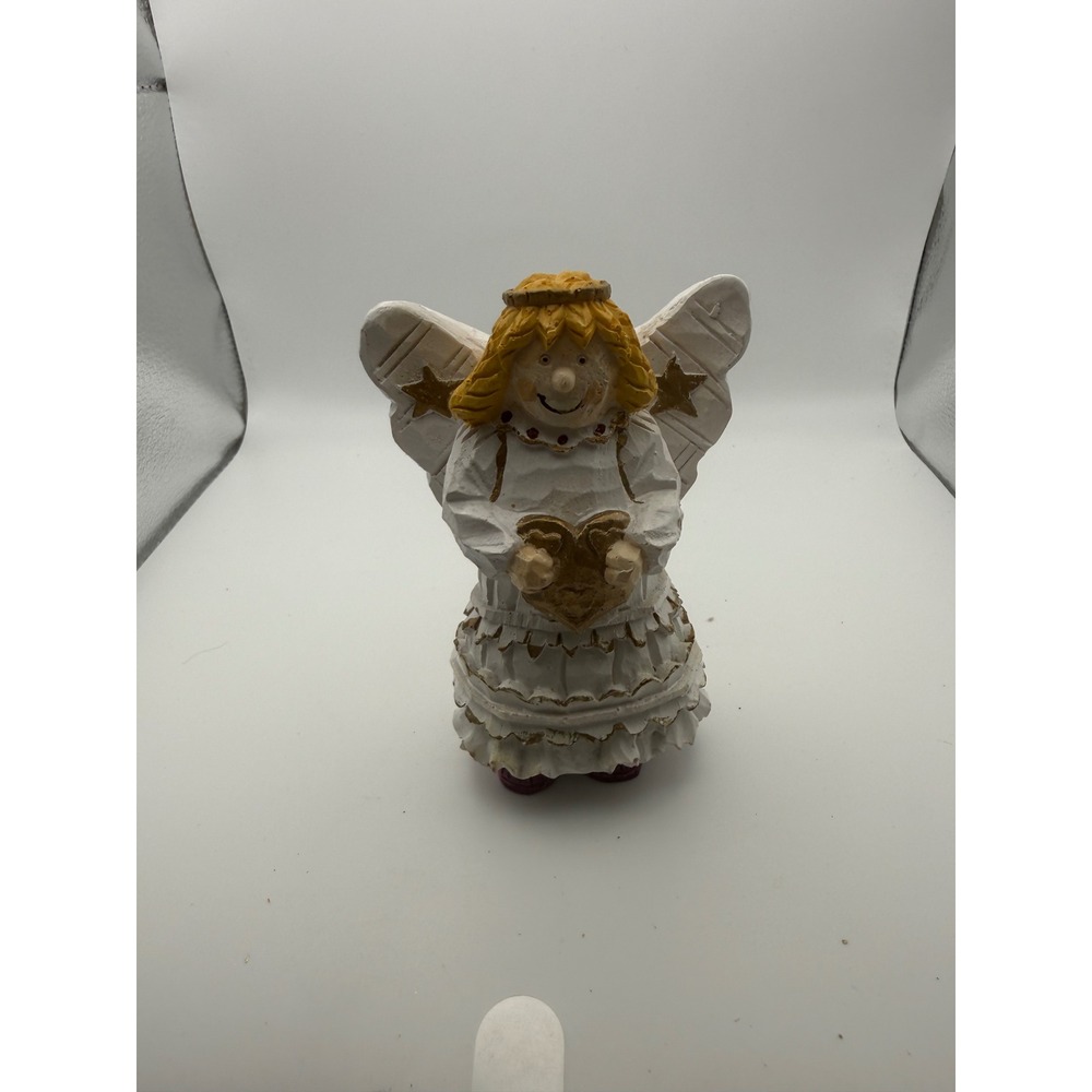 Vintage Style Resin Angel Figurine Holding Heart White Gold Folk Art Decor 4.5"